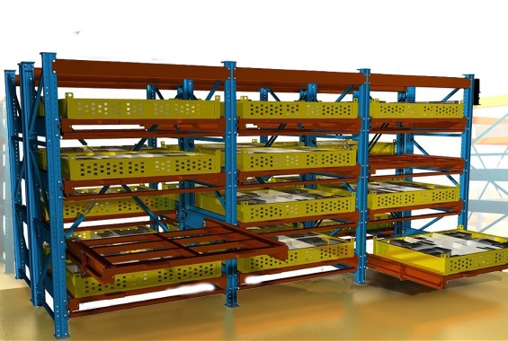 Стеллаж с выдвижными полками и лотками